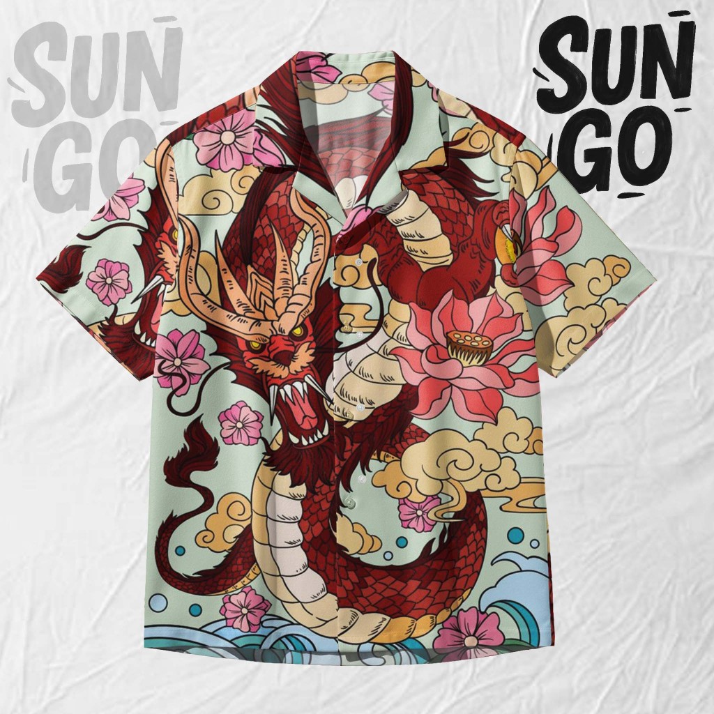 SUN GO Kemeja Keren – Atasan Motif Naga Merah Bunga Oriental | SG188