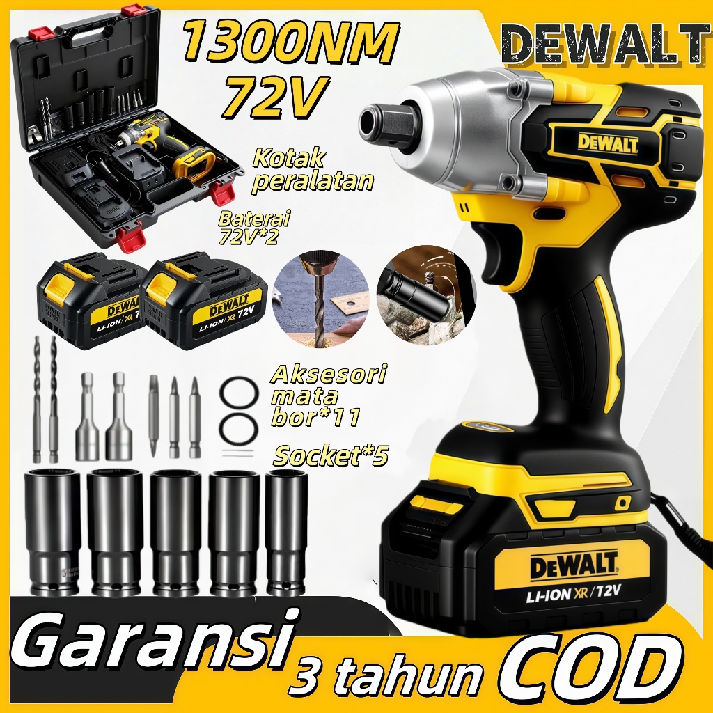 DEWALT 1300NM/72V Kunci Impact Wrench Tanpa Kabel Cordless Bor Impact Serbaguna dengan Baterai untuk