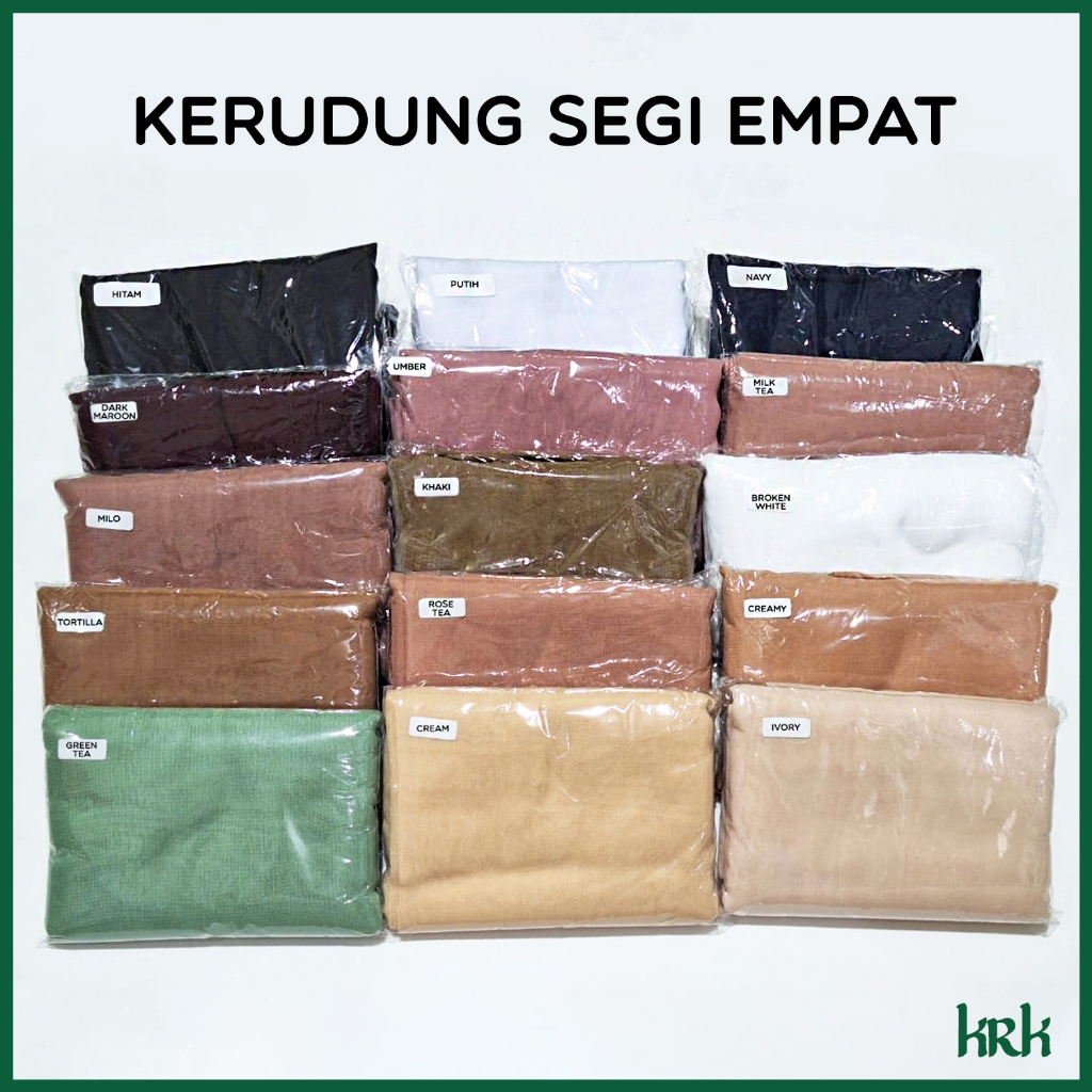 tokoKRK Kerudung Segi Empat Hitam Putih Dark Maroon Biru Navy Black White Umber Milk Tea Milo Coklat