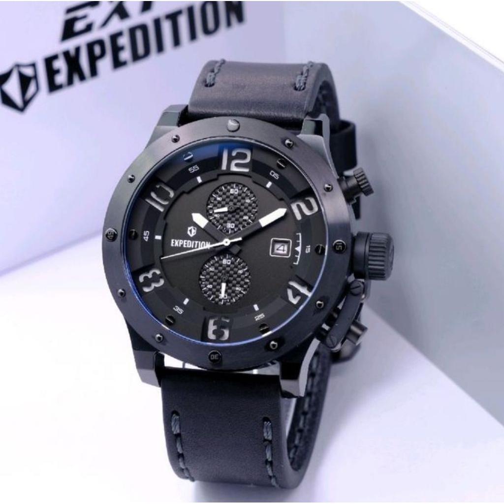 Expedition pria kulit chronograph E6381 full black garansi 1 tahun