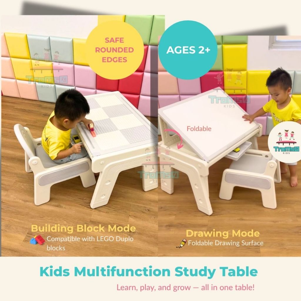 Tromso Meja dan Kursi Belajar Anak Multifungsi Mode Gambar, Lego  Plastik Aman, Sudut Membulat, Muda
