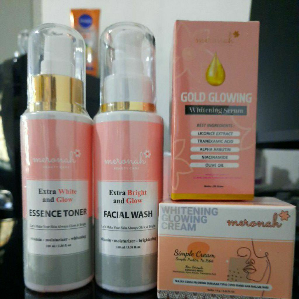 Meronah Cream+Serum GoldGlowing+Sabun Collagen+Toner (PaketFlekGlowingTerlaris)