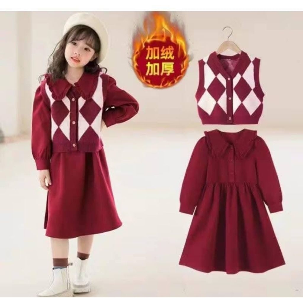 [COD]120-170 USIA 6-7-11-12TH DRES 2IN1 VEST RAJUT SUPER PREMIUM CANTIK MEWAH ELEGAN MERAH KERAH KAT