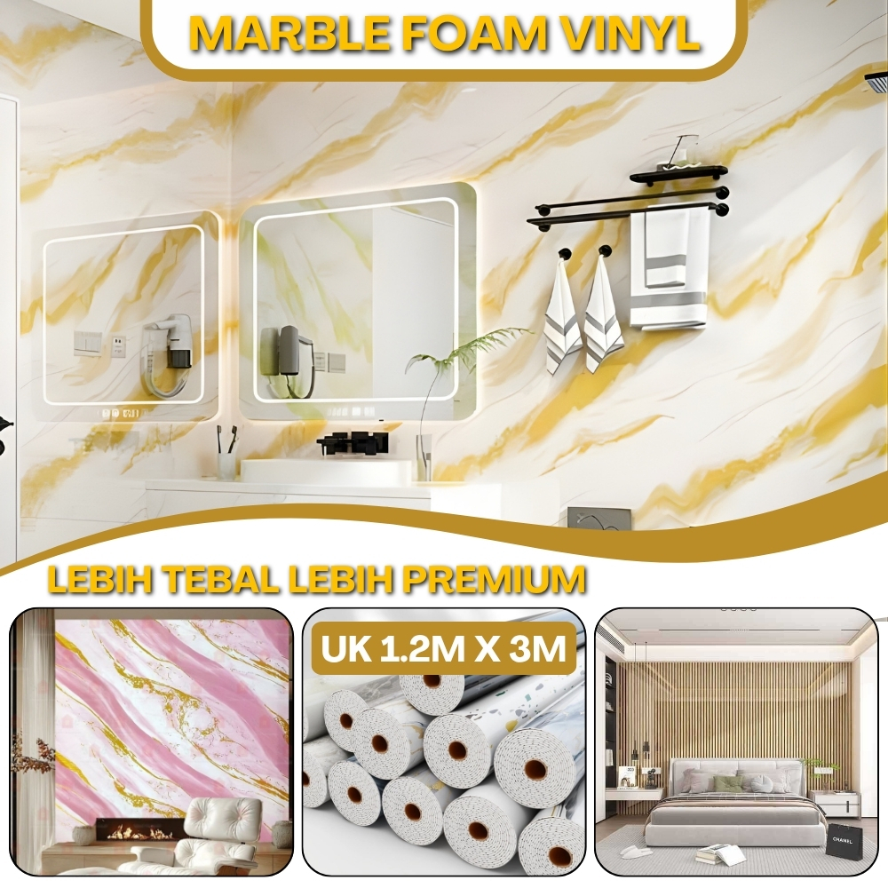 Wallpaper Dinding Ruang Tamu Marble Foam Vinyl Roll Stiker WallFoam Dekorasi 3D Tebal 3mm Waterproof