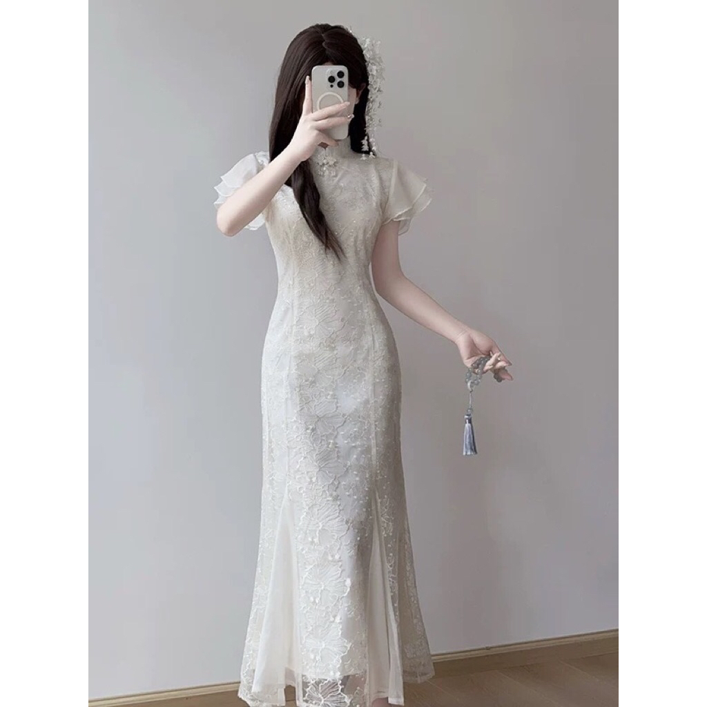 Dress long Elegant Lace White Cheongsam Brokat Anggun Modern