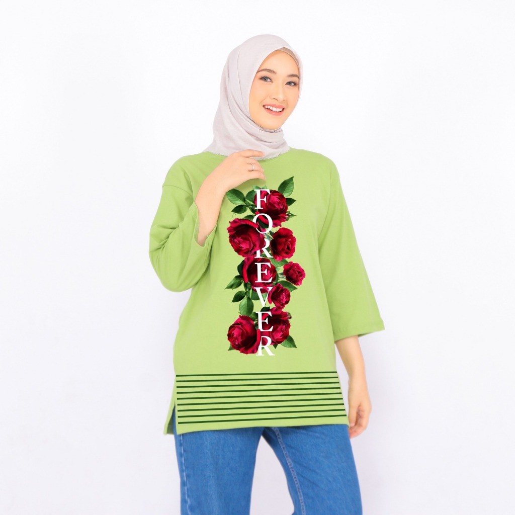 Forever Cloth Salur Mawar Kaos Oversize 7/8 Wanita Bahan Cotton Combed 24s Atasan Wanita Kekinian