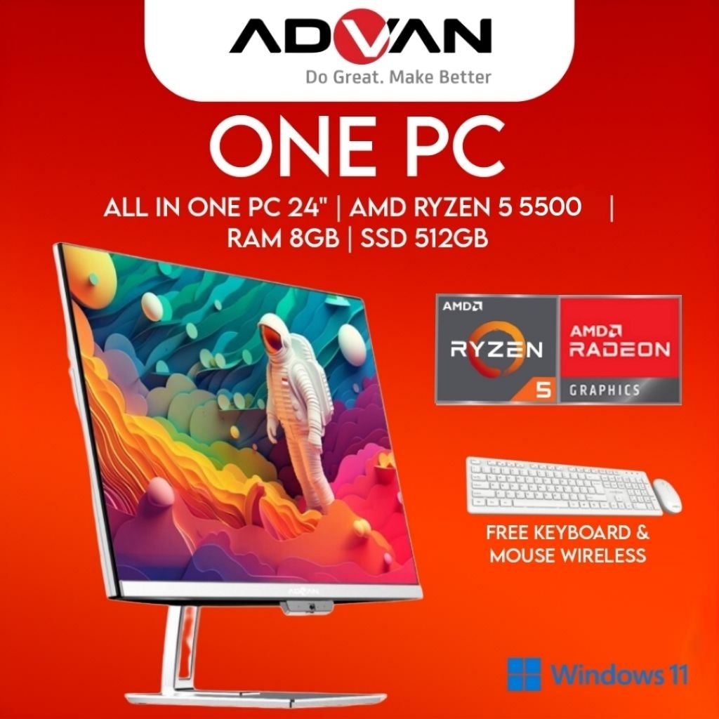 Advan One PC AMD Ryzen 5 5500U 8GB 512GB 24" FHD IPS Windows 11 Advan All In One PC