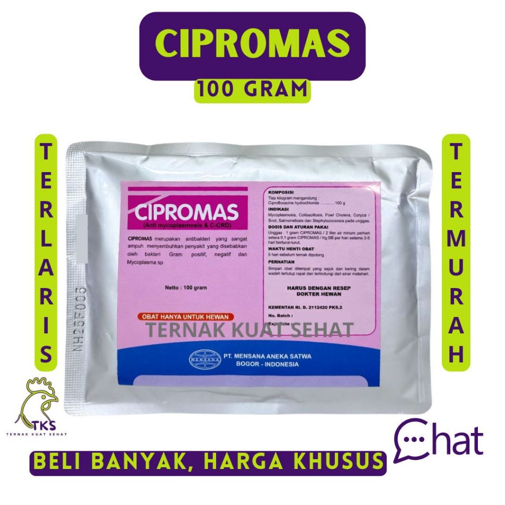 CIPROMAS 100 GRAM - Mensana -  Obat Ayam Ternak Hewan Anti Mycoplasma Crd Snot Salmonela Cholera