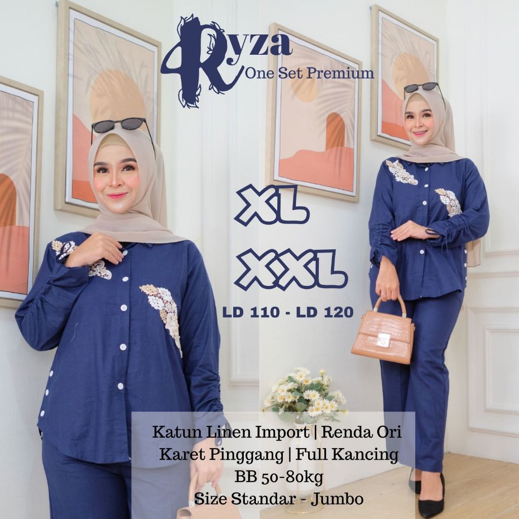Setelan Wanita Ryza Renda ORI Atasan Tunik dan Bawahan Celana Katun Linen Berat Badan 50 - 80 Kg
