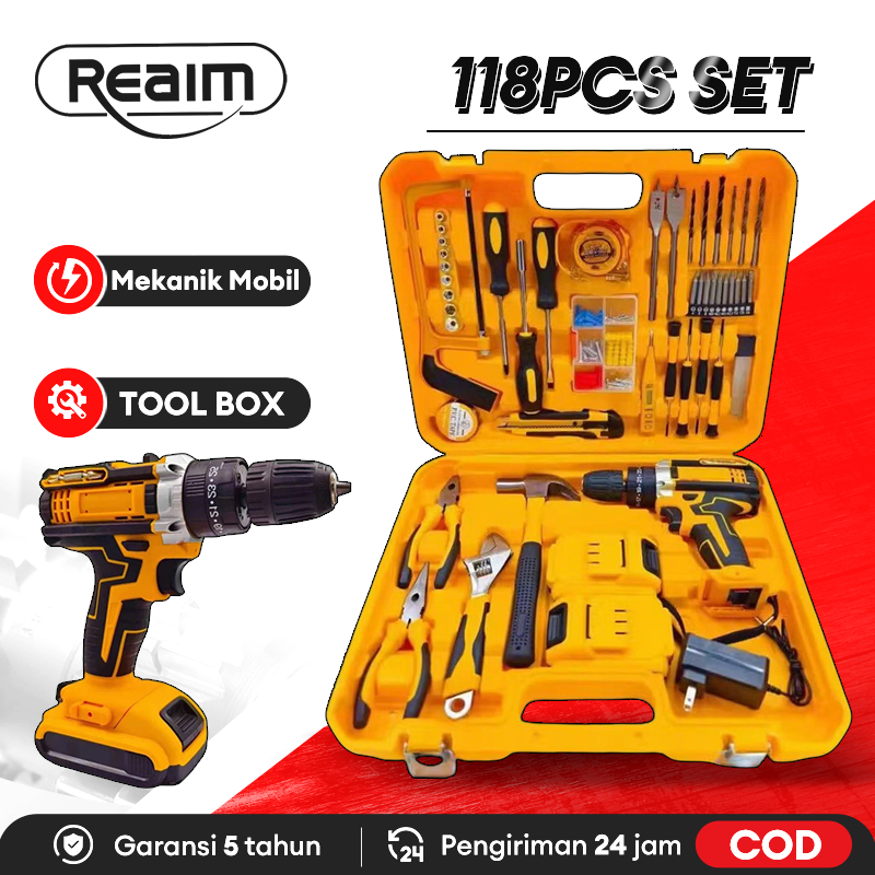 REAIM impact wrench 118 in1 Cordless Bor Listrik Toolkit - Satu Set Alat Perkakas Lengkap dengan Tan