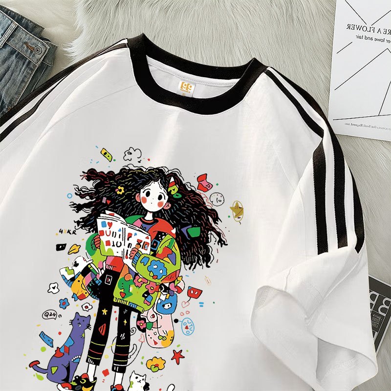 99Premium Tshirt Kaos Lengan Pendek Garis Tiga | Pola Kartun Anak Cewek | Oversize Lucu |  Cotton