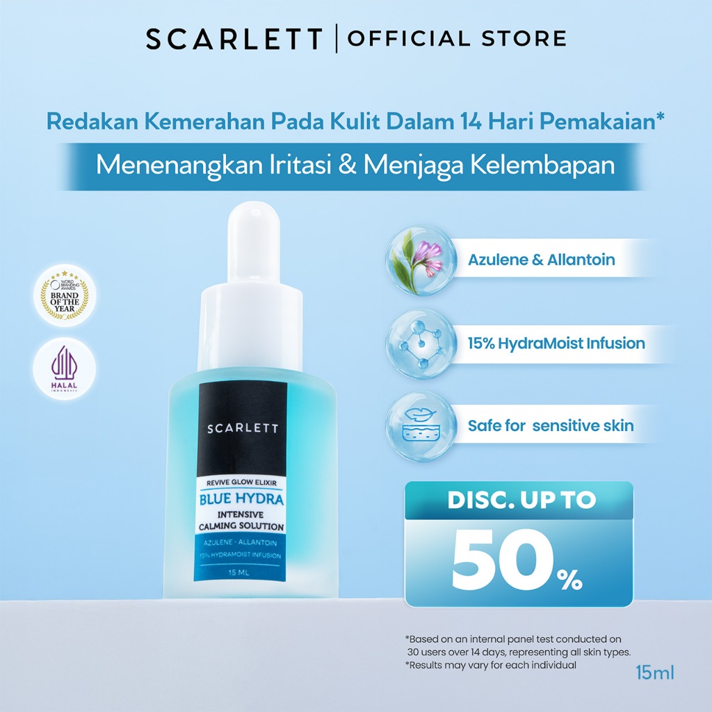 Scarlett Blue Hydra Intensive Calming Solution dengan Azulene Allantoin Serum Wajah untuk Menenangka