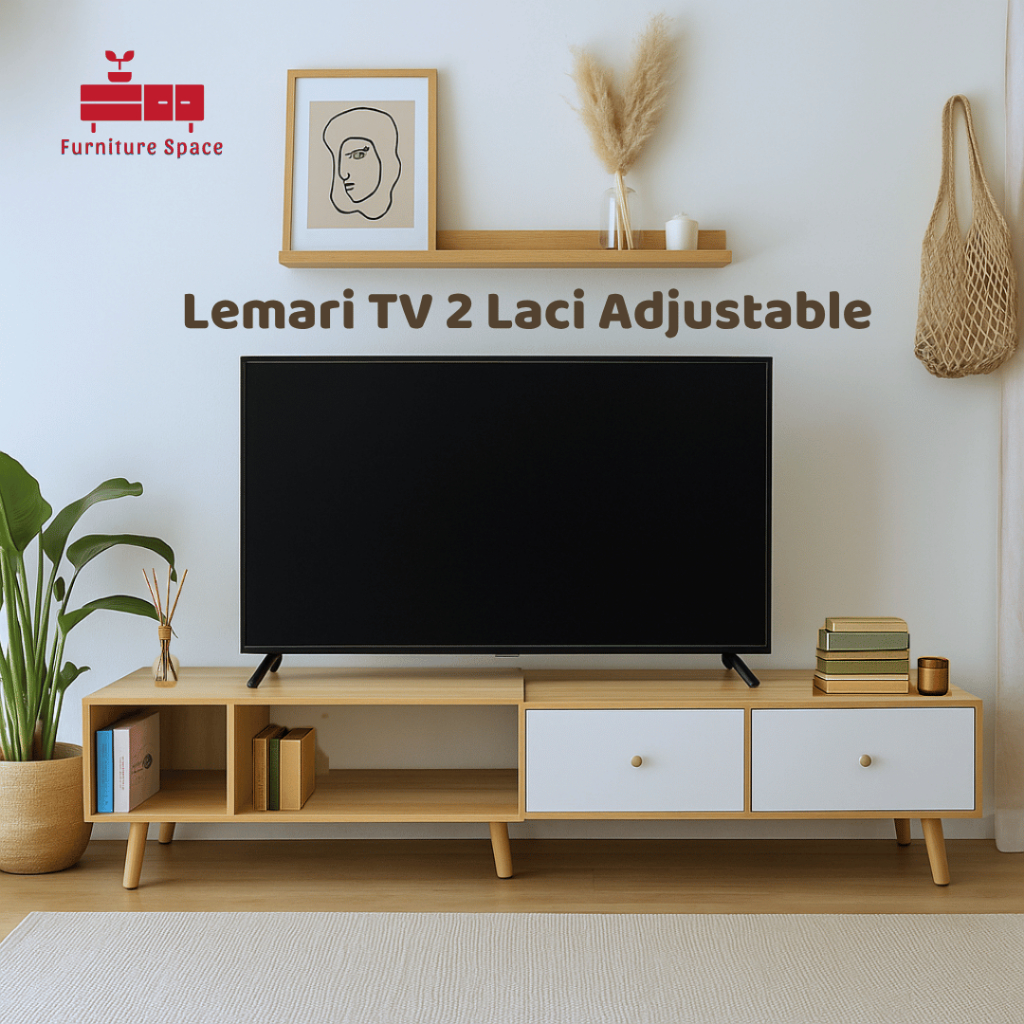 Lemari TV Adjustable 2 Laci Meja TV Ruangan Minimalis Portable Lemari TV 32-55 Inch Bisa Diatur Panj