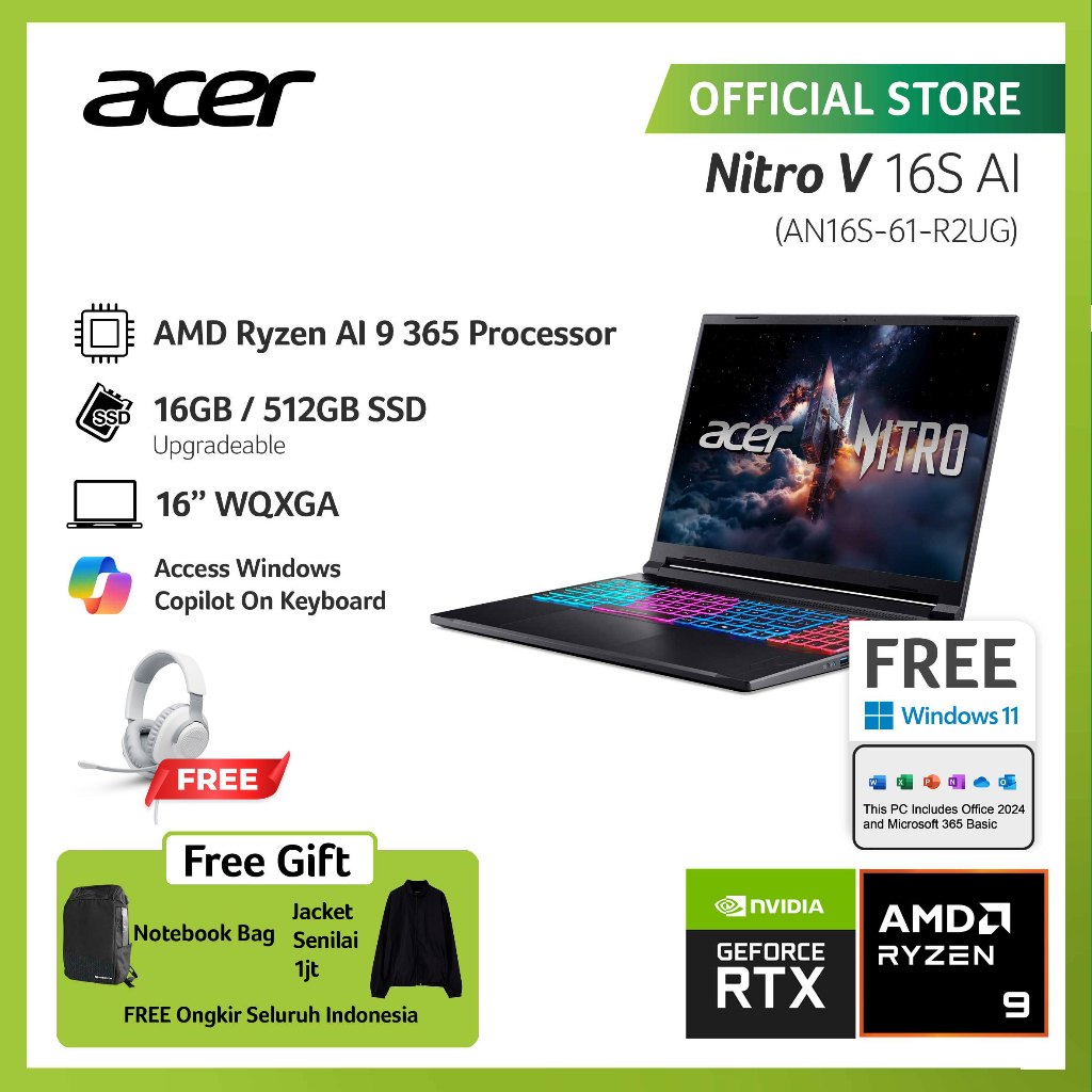 (FREE EXCLUSIVE JACKET & HEADPHONE) ACER LAPTOP GAMING NITRO 16S AI SLIM AN16S-61-R2UG GRAPHICS NVID