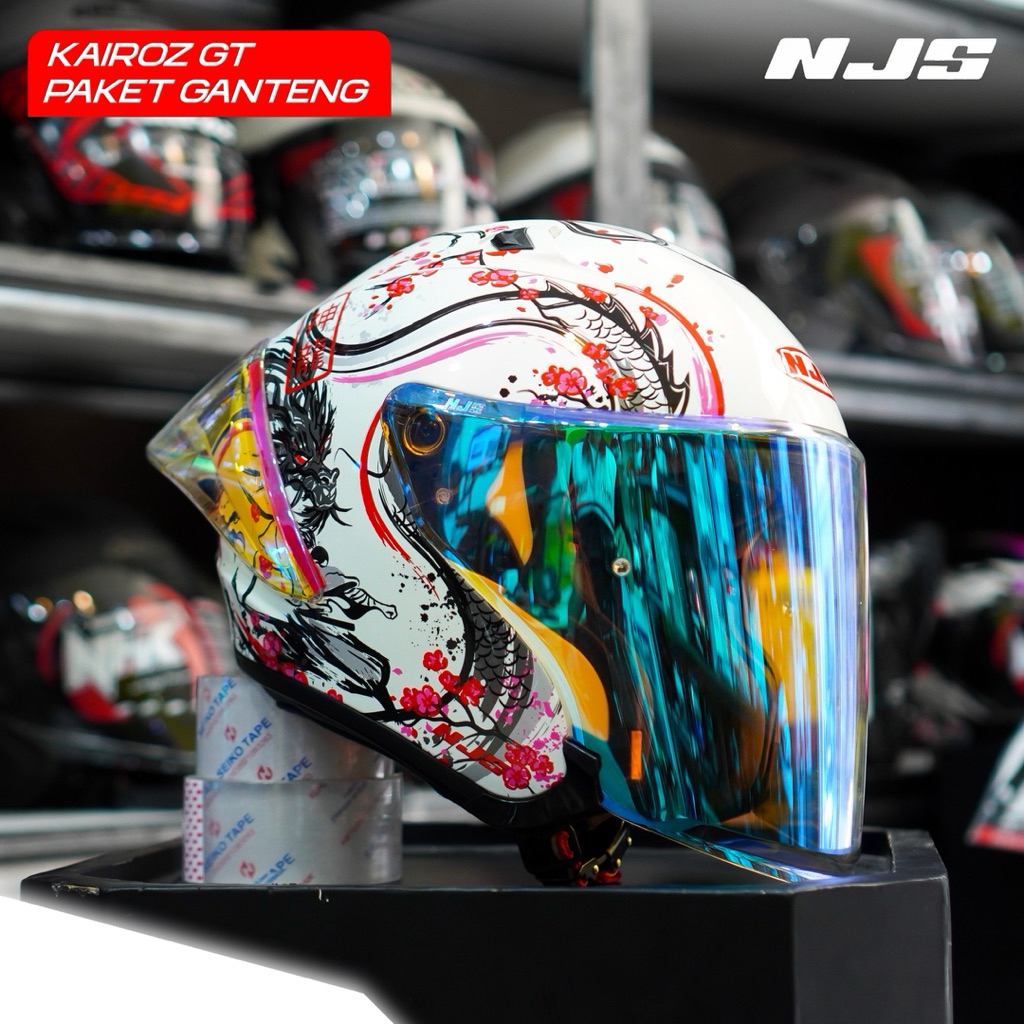 PAKET GANTENG NJS KAIROZ GT MOTIF - Helm half face njs ganteng fullset