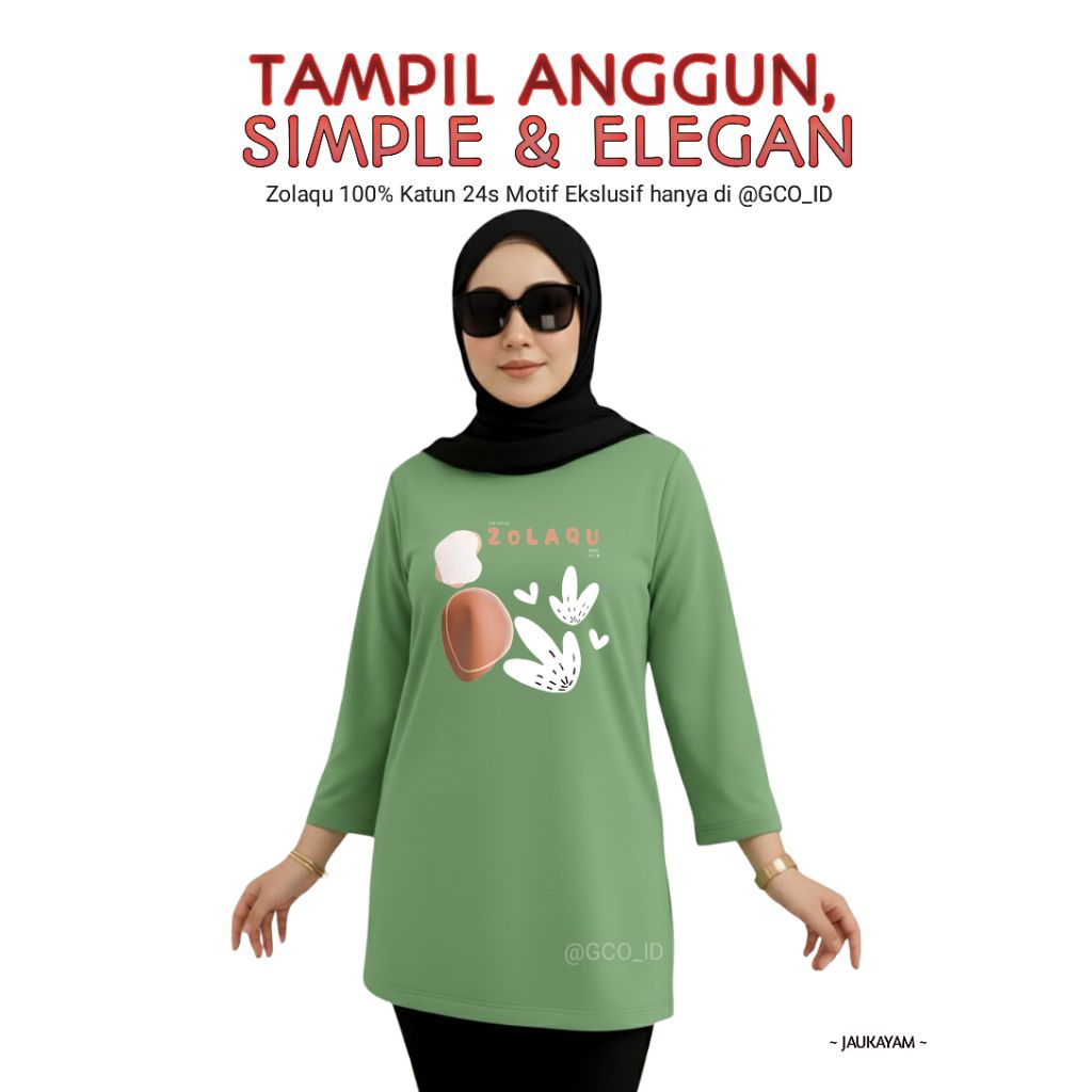 Kaos Semitunik Zolaqu Original Terbaru 2025 Hijau Sage | Oversize ZLQ Tunik Motif Kayam Lengan Panja