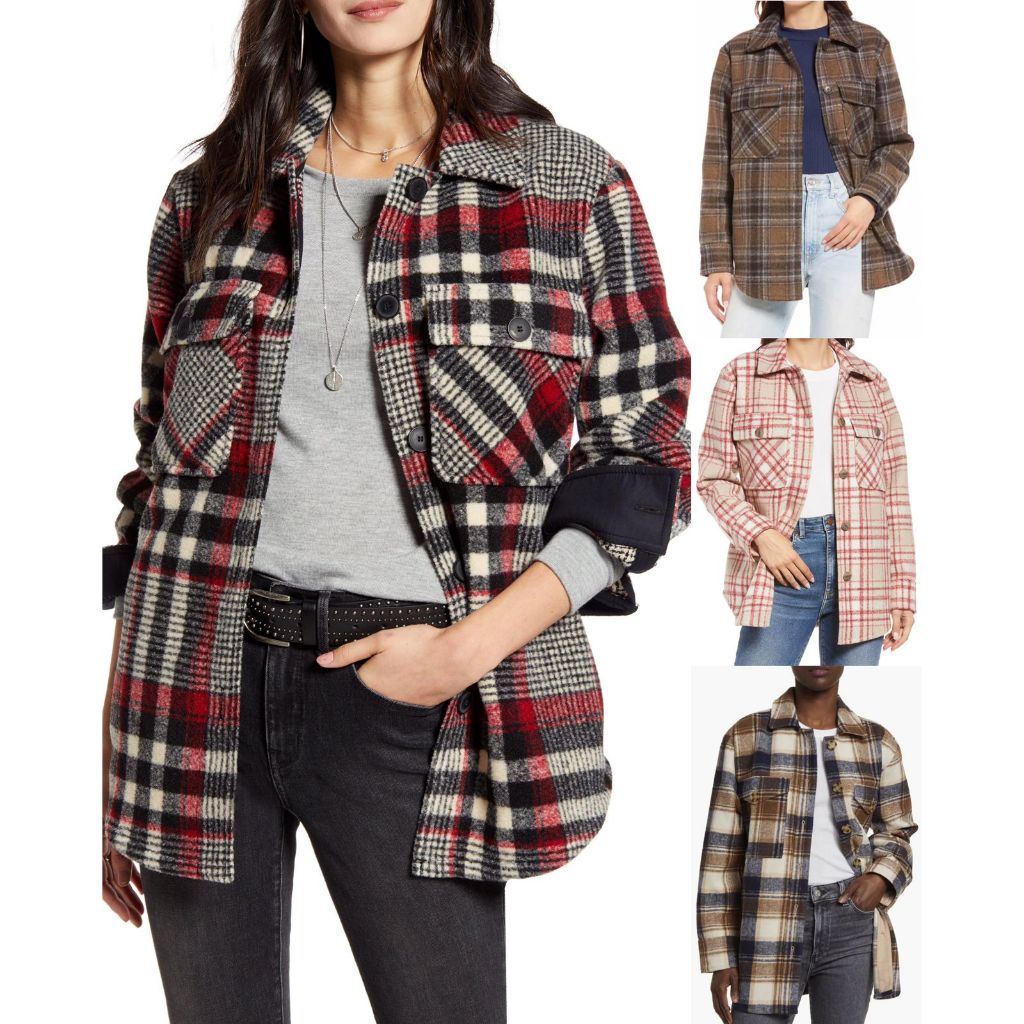 Jaket Overshirt Wanita Bahan Wool-Blend Motif Kotak-Kotak Women's Wool-Blend Plaid Shirt Jacket - TB