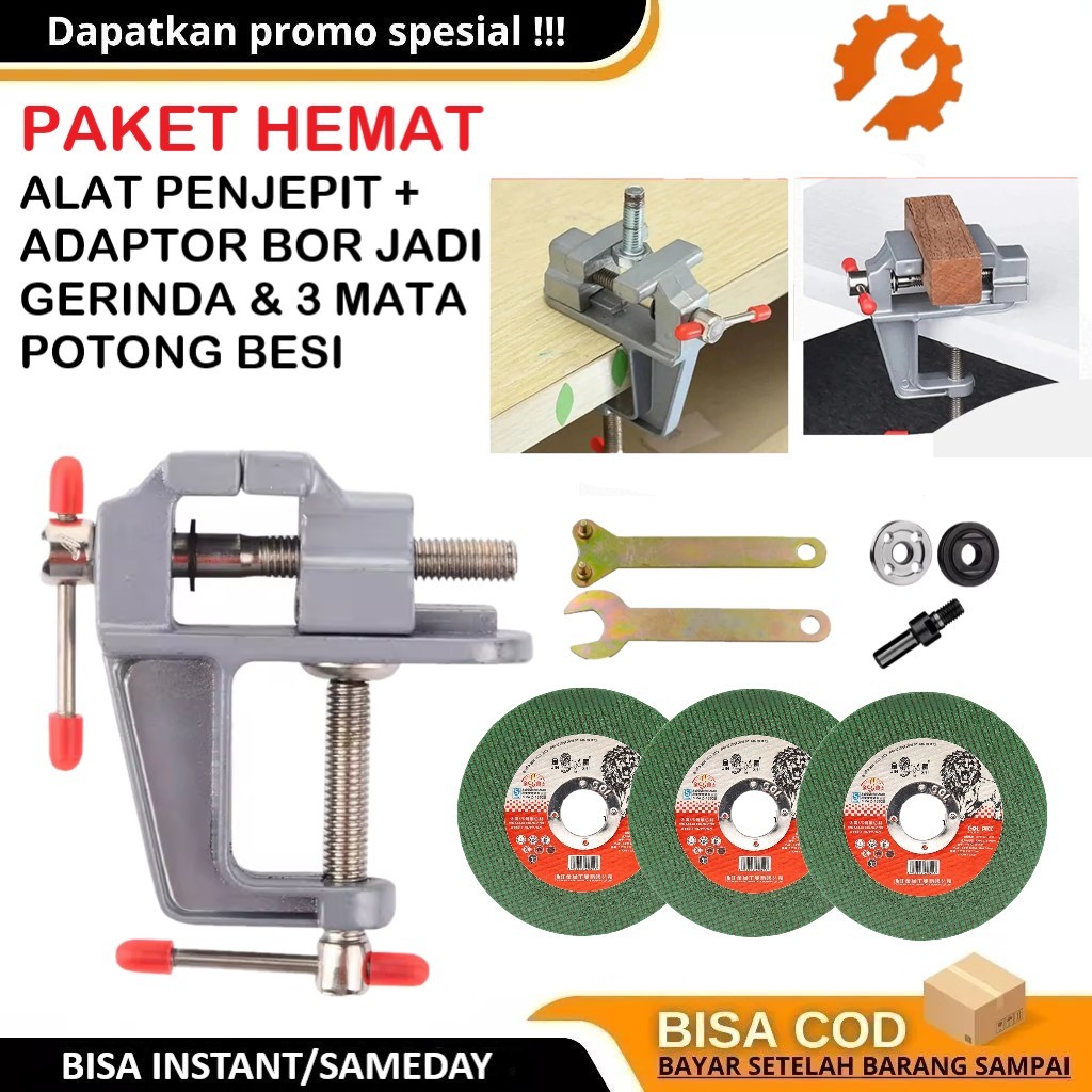 Paket Hemat Ragum Mini Penjepit Benda Kecil Kerajinan DIY + Adaptor Bor Jadi Gerinda & 3PCS Mata Ger
