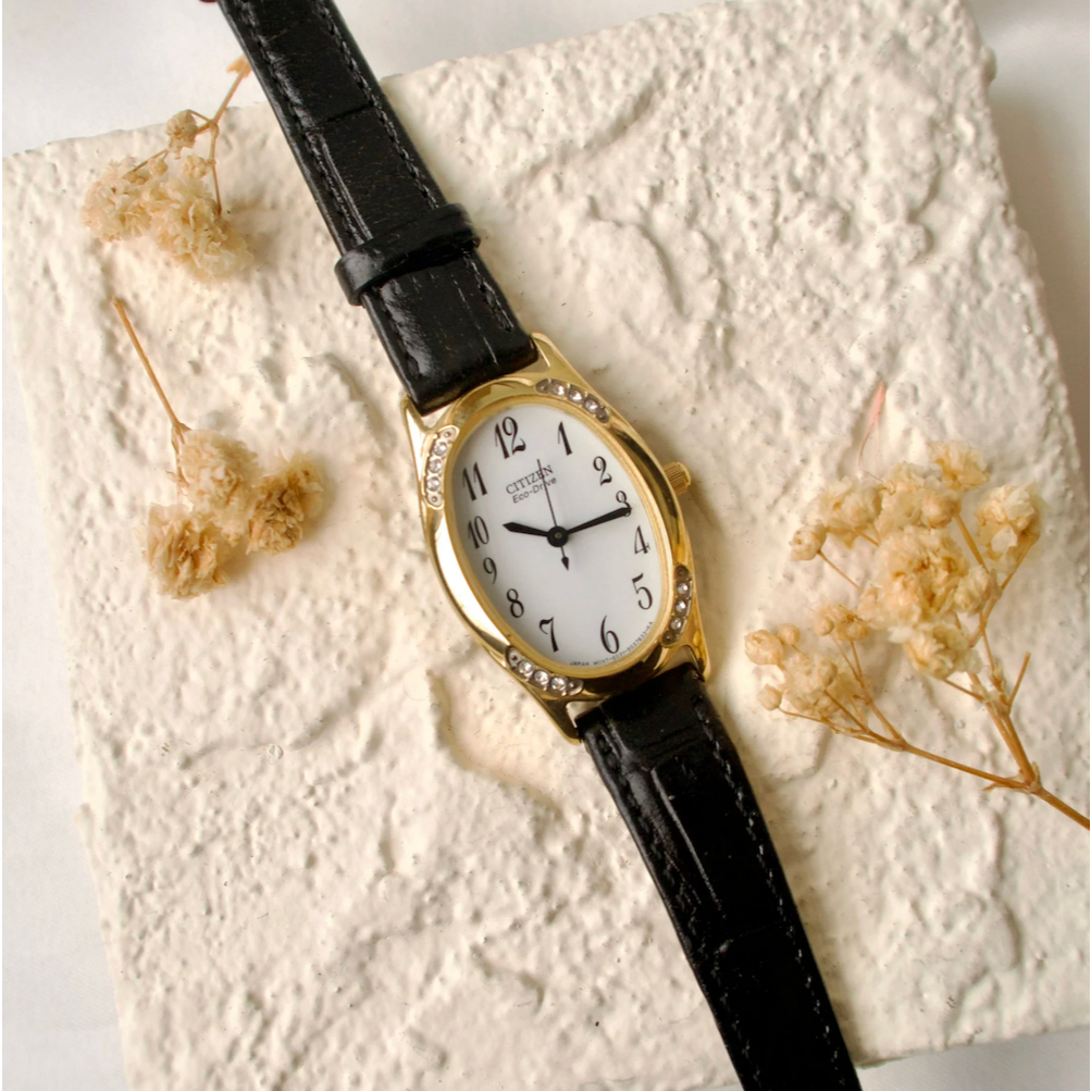 Jam Tangan Wanita Vintage Watch Citizen Solar Gold Diamond Jewel Black Strap Autentik Preloved Bekas