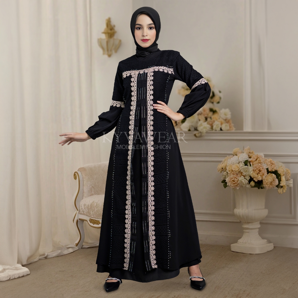 KYVA GAMIS MUSLIM WANITA ABAYA HITAM TURKEY BROKAT TERBARU 054 REMAJA MEWAH