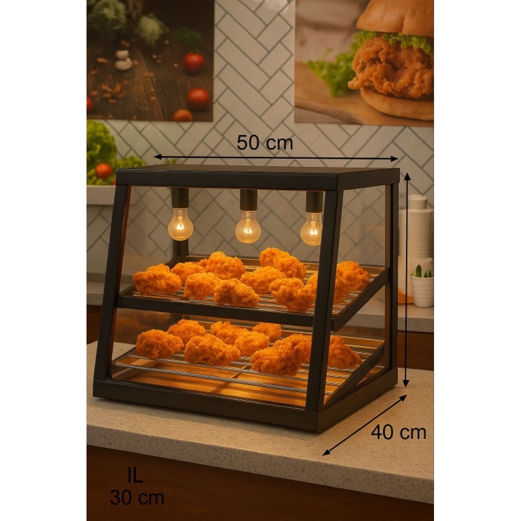 Etalase Penghangat Makanan dengan Peniris dan Lampu, Tersedia Ukuran Besar, Sedang, Kecil