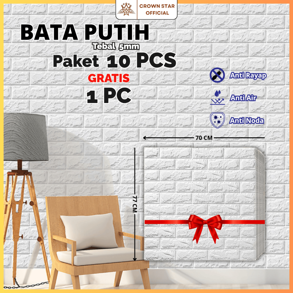 PAKET 10 LEMBAR Wallpaper Foam Bata Putih 70 x 70 CM Tebal 5 mm Wallpaper Dinding Foam Timbul 3D Bat