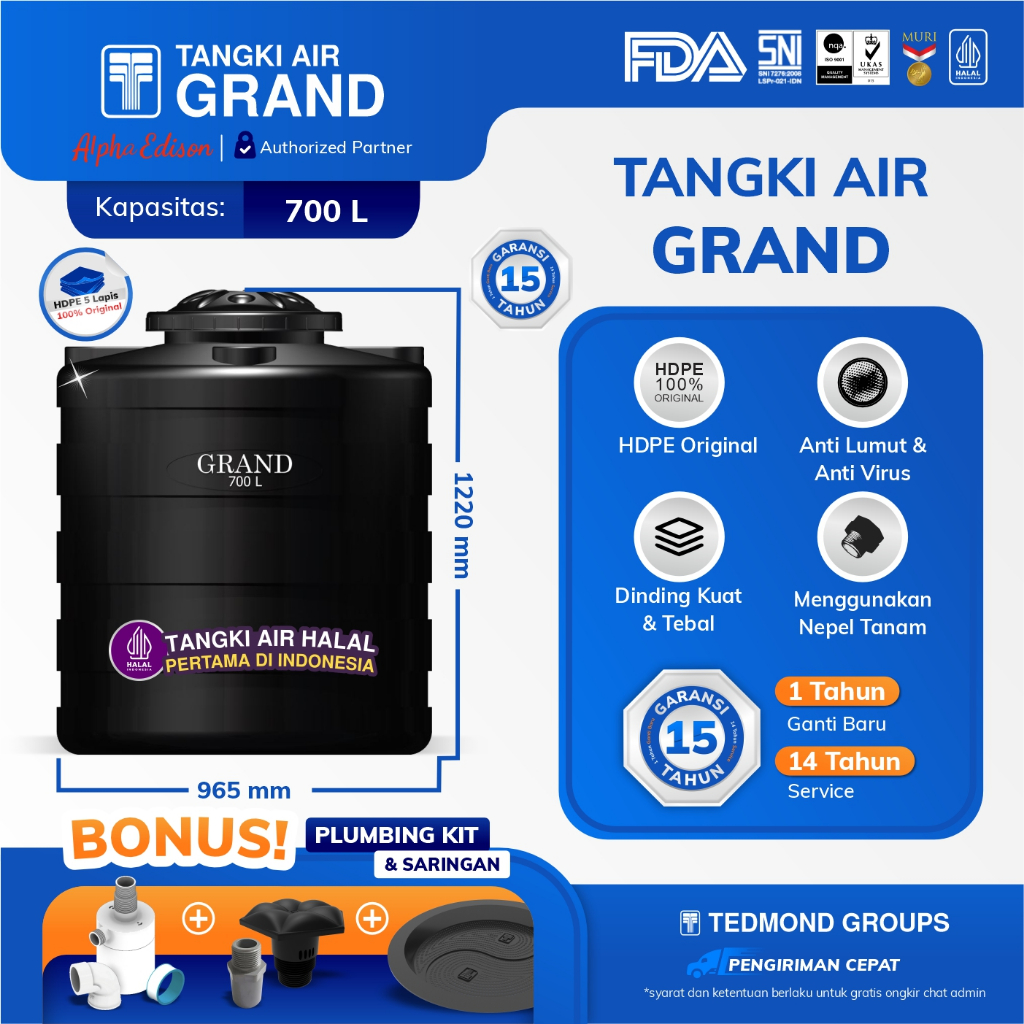 (KHUSUS CARGO) GRAND Blow Tandon Air TEDMOND Tangki Air Toren 300, 600, 700, 900, 1100 Liter | HDPE