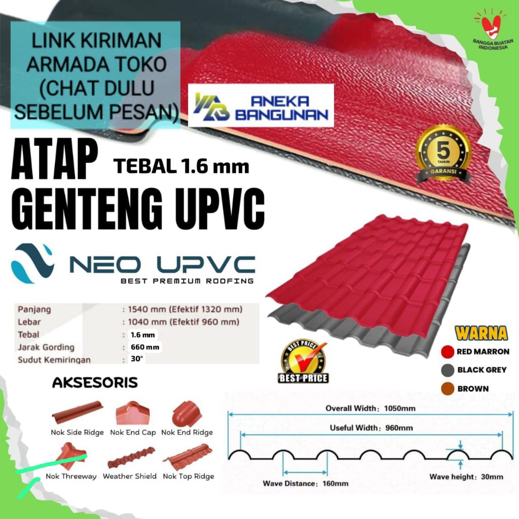 Atap Genteng UPVC Tebal 1.6 mm Atap Sejuk Genteng Tile
