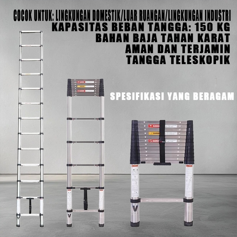 BOWEITI Tangga lurus teleskopik baja tahan karat dengan penurunan lambat satu sentuhan