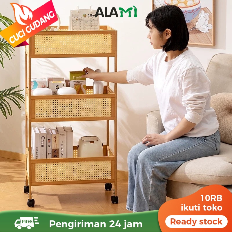 Alami Rak Serbaguna Minimalis 4 Susun Beroda - Rak Kayu Rotan Estetik untuk Ruang Tamu, Kamar, Dapur