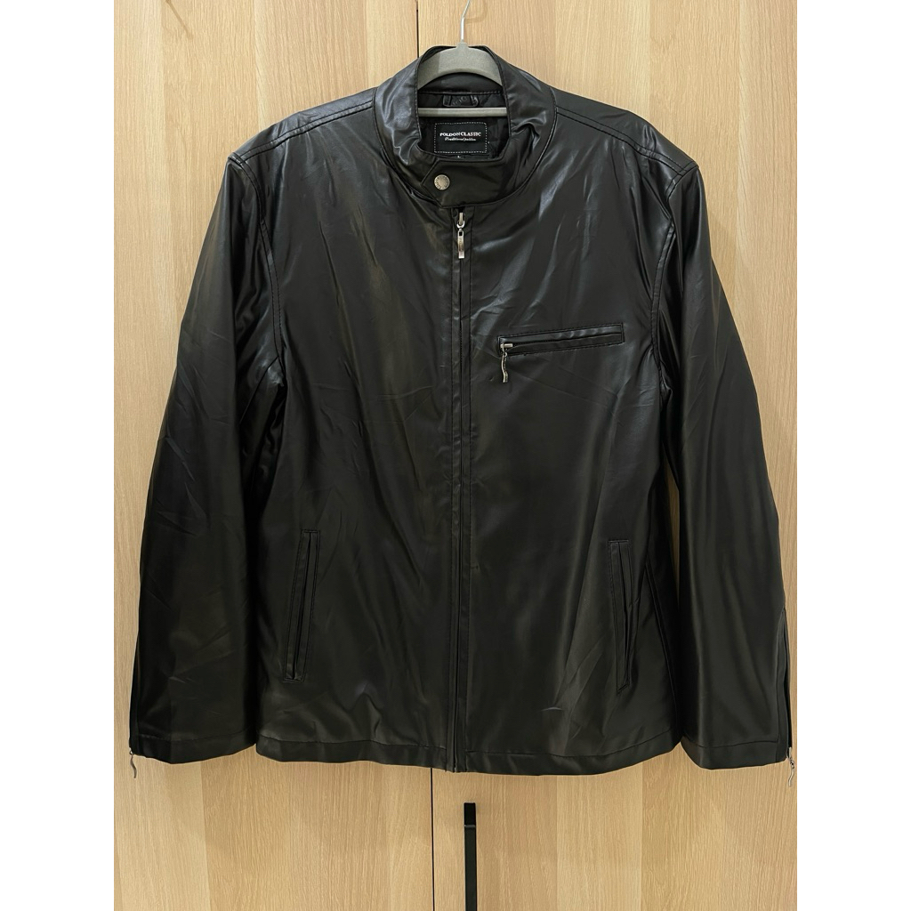 Jaket Kulit POLDON CLASSIC Leather Jacket Biker Kerah Shanghai Hitam Size L