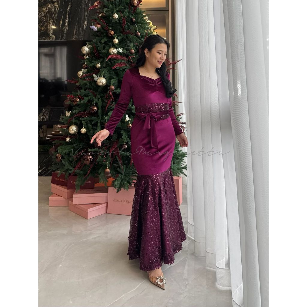 [VM] - 9073# Dress Beludru Kombinasi Beludru Payet/Gaun Pesta/Dress Natal