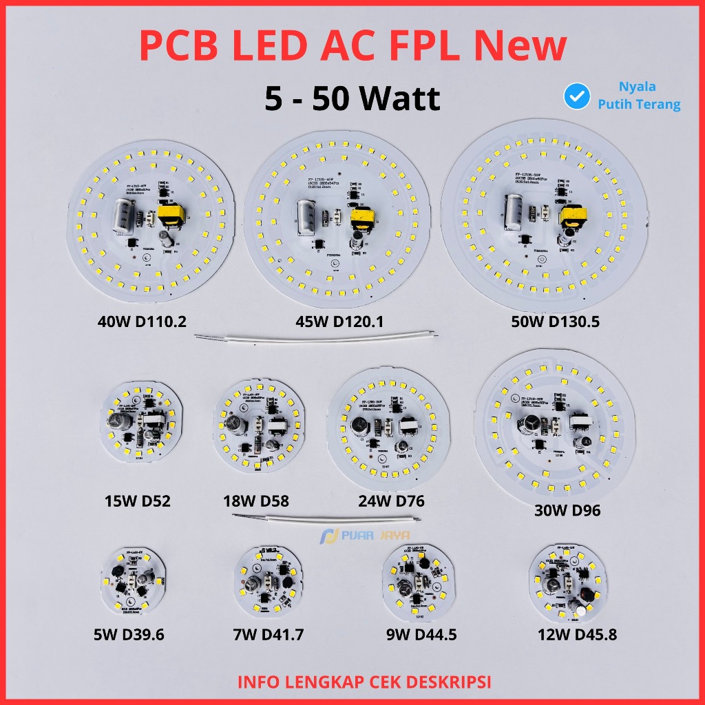 PCB LED AC FPL New Watt Lengkap 5 7 9 12 15 18 24 30 40 45 50 W Mesin Lampu Led Nyala Putih Terang