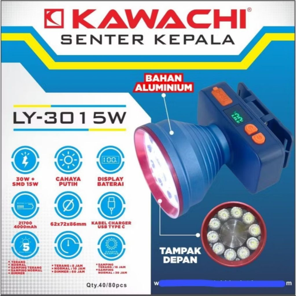 ly-3015 senter kepala kawachi 30watt senter kepala led cahaya putih anti air plus charger senter kep