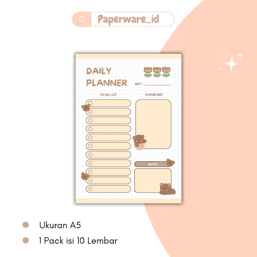 looseleaf daily planner a5 tema cute bear / refill binder a5 tema cute bear / kertas file karakter /