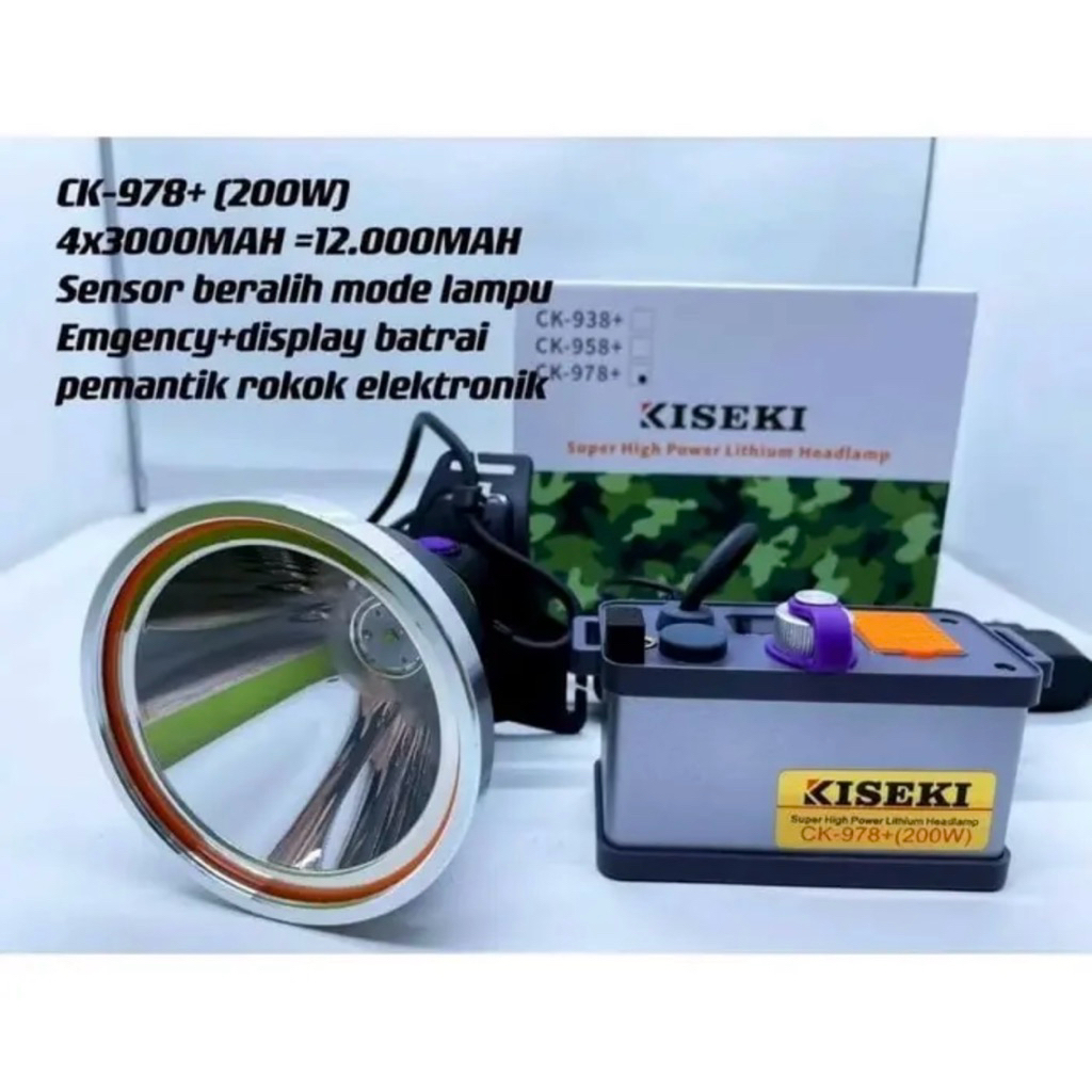 Senter Kepala Super Terang Kiseki CK-978 200Watt /Cahaya Putih Baterai 12.000mAh Dengan Aki Dan Lamp