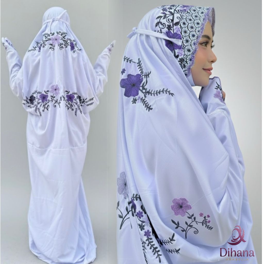 MUKENA DEWASA TERUSAN PUTIH PANJANG LAJURAN MOTIF BORDIR BUNGA KAIN KATUN POLINO MIKRO NYAMAN | MUKE