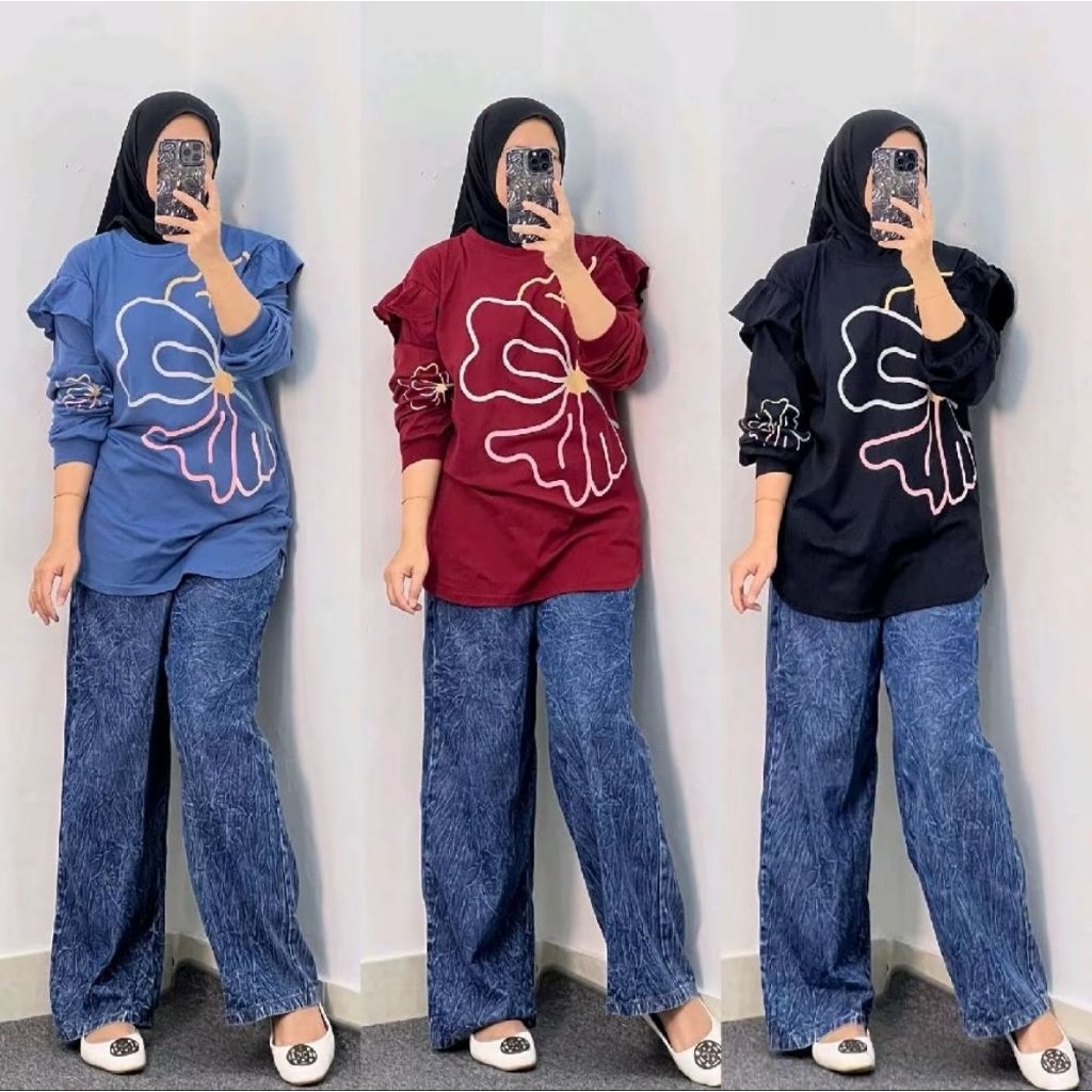 set celana jeans cutbray mix kaos combad by jevani