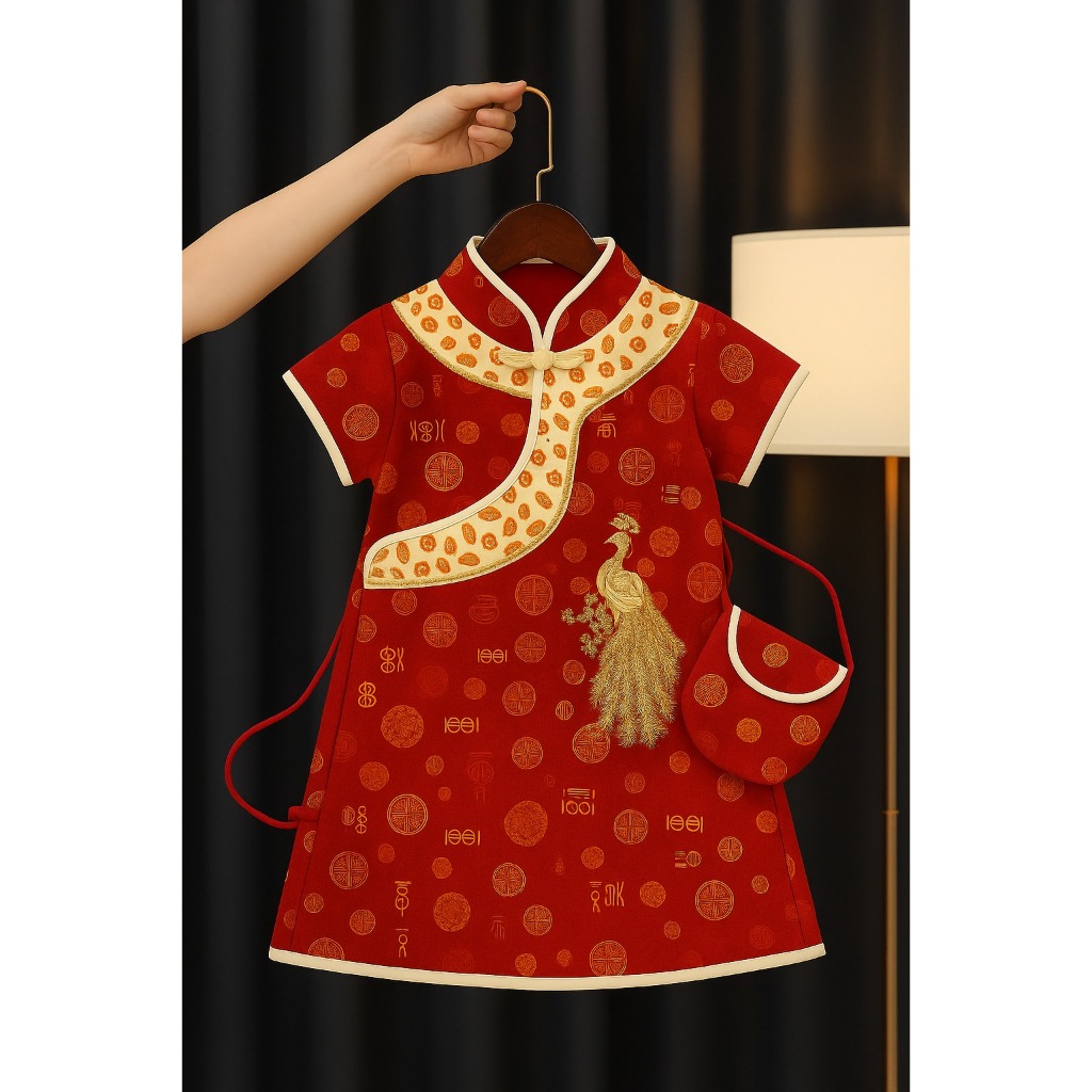 Dress Anak Cina Merak + Tas | Baju Imlek Anak Perempuan Elegan 3 Bulan–8 Tahun