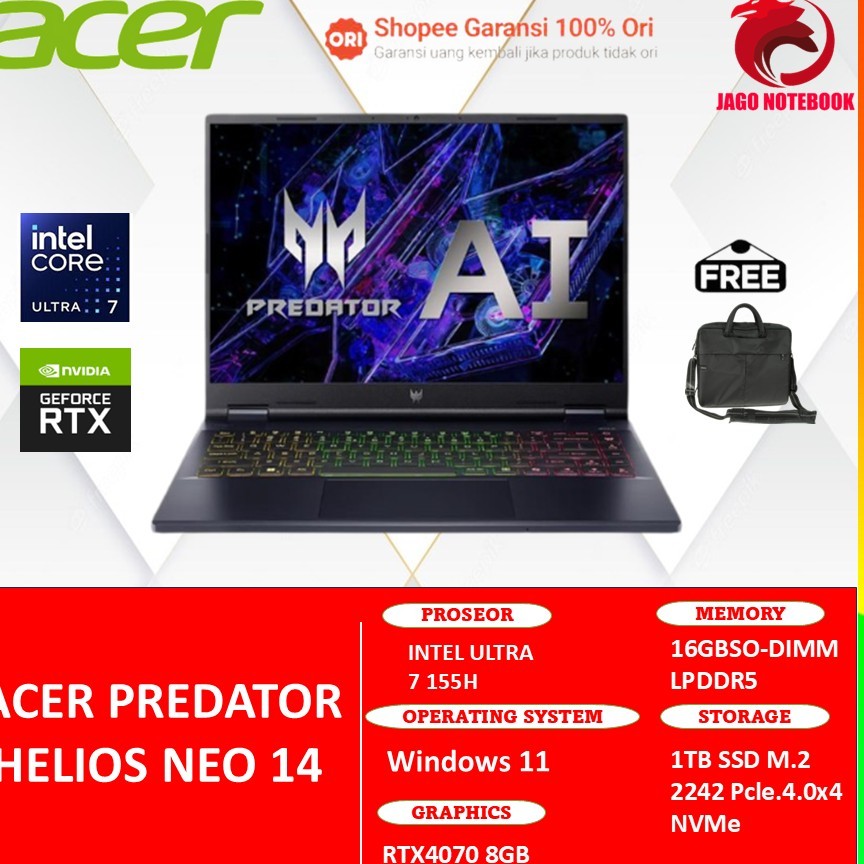 ACER PREDATOR HELIOS NEO 14 ULTRA 7 155H RTX4070 8GB/ 16GB 1TB WINDOWS 11 14.5QHD