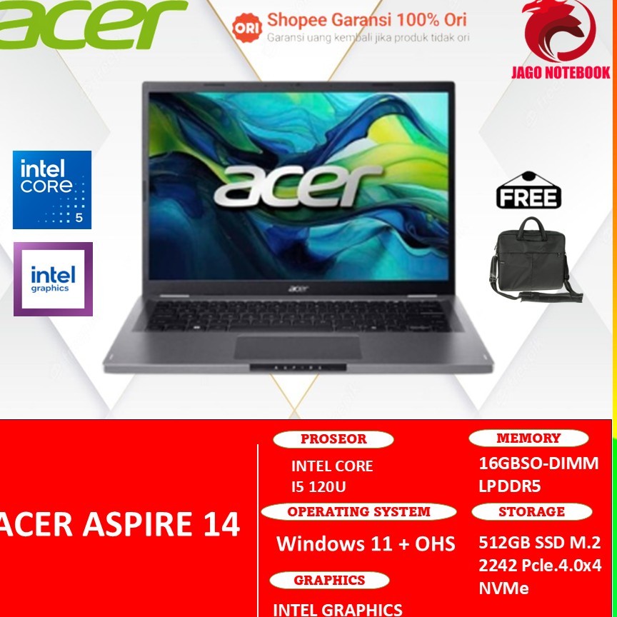 ACER ASPIRE 14 CORE I5 120U 16GB 512GB W11+OHS 14.0WUXGA IPS GRY