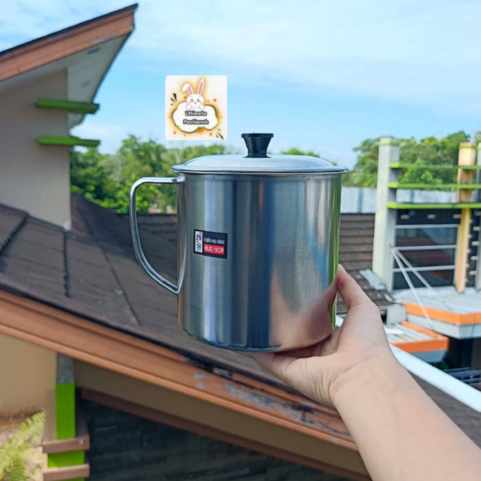 Mug Tutup Full Stainless Steel Jumbo 14 cm  FN Cangkir + Tutup Real Pict Tebal Anti Karat OK