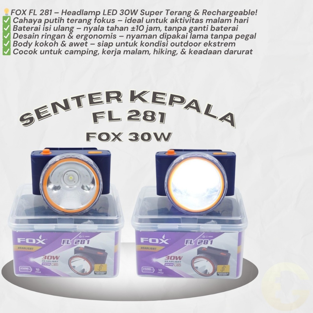 Senter Kepala LED FOX FL 281 – Headlamp Cas 30W Super Terang, Rechargeable, untuk Outdoor & Darurat