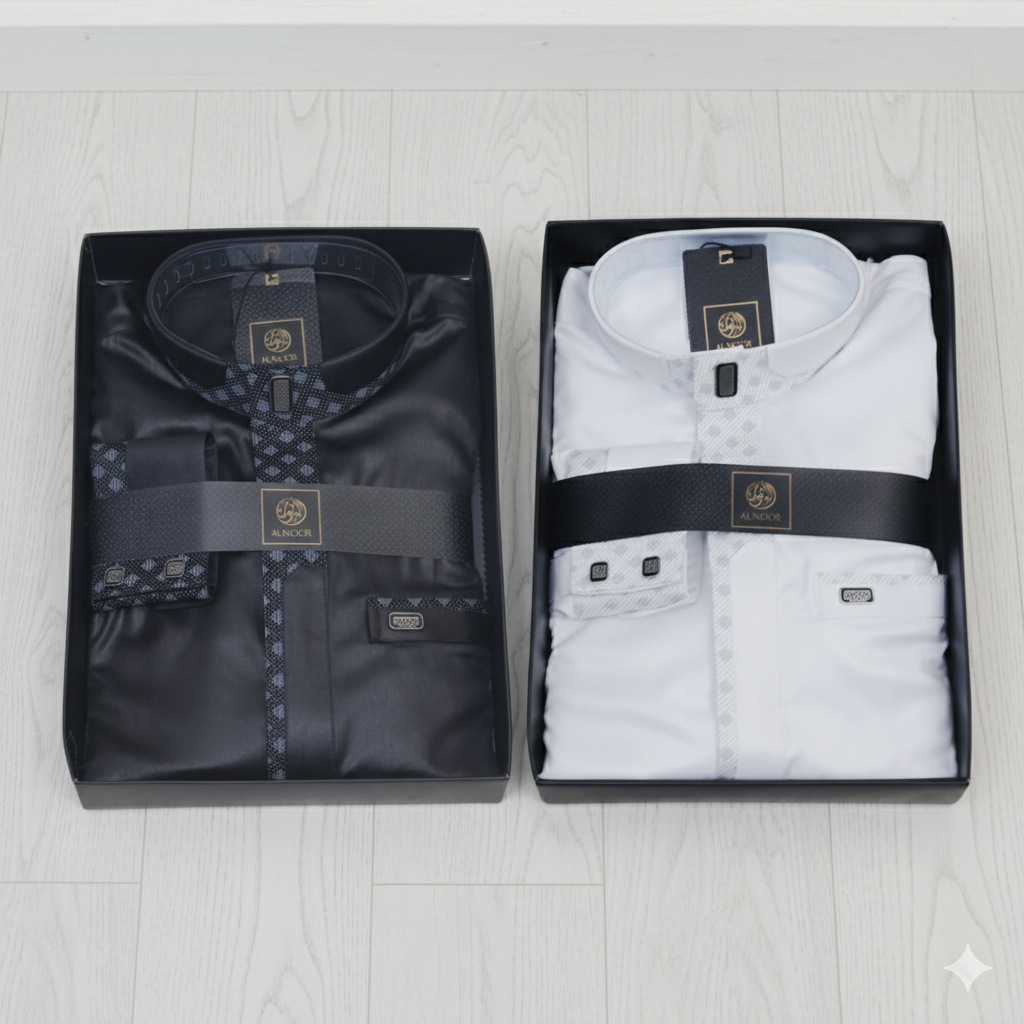 Jubah Alnoor Hitam Putih Remaja Model Basyir + Box / Jubah Al Noor Poliester Lengan Manset