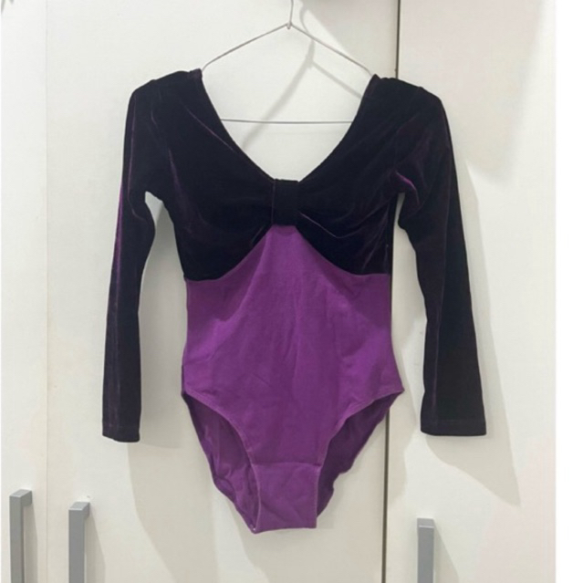 PL new Dark purple bodysuit sexy longsleeve top glitter bludru atasan ungu ballet swimsuit y2k
