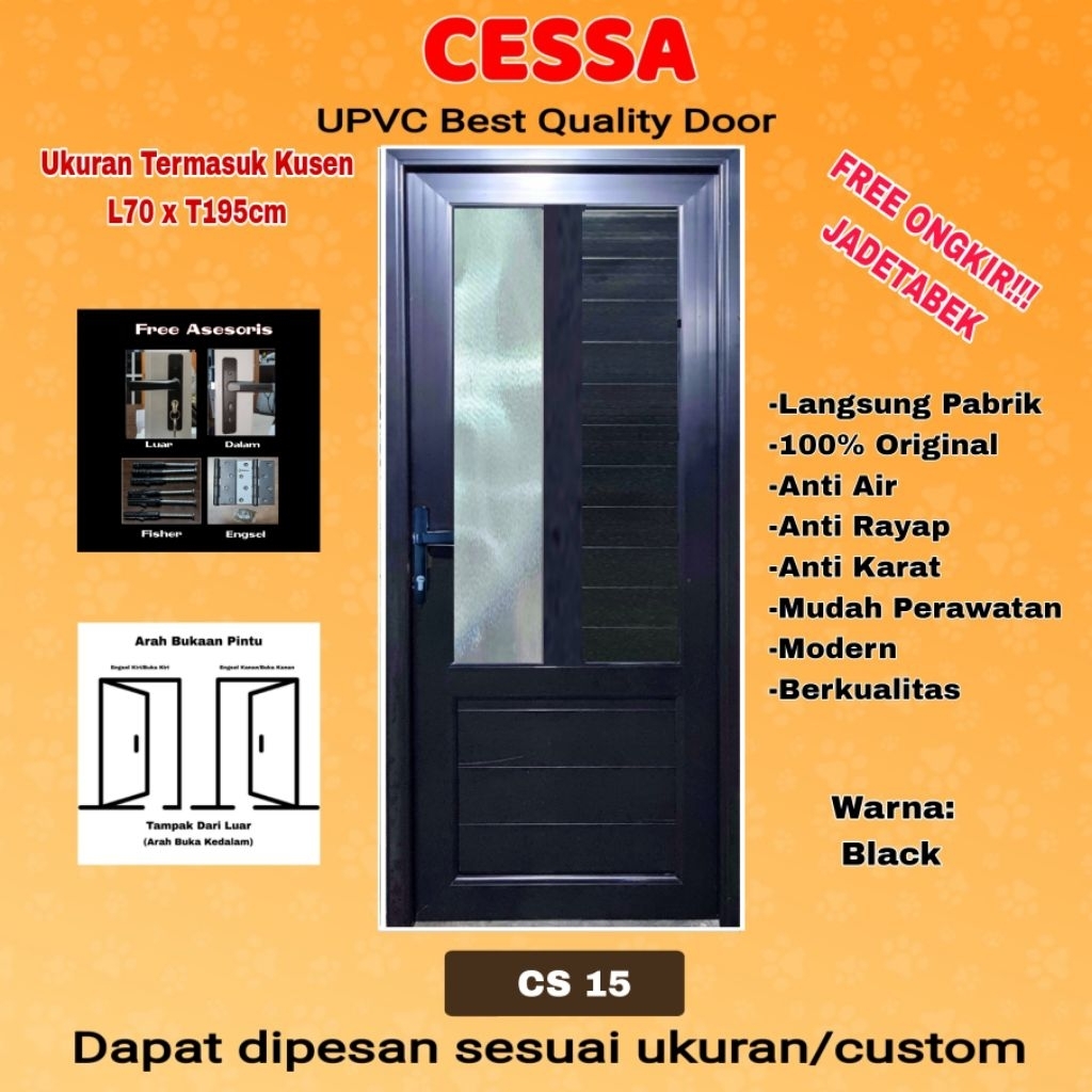 Pintu Kamar Mandi-Cessa UPVC Tebal-BL 15-Kaca Es 5mm Samping -Hitam