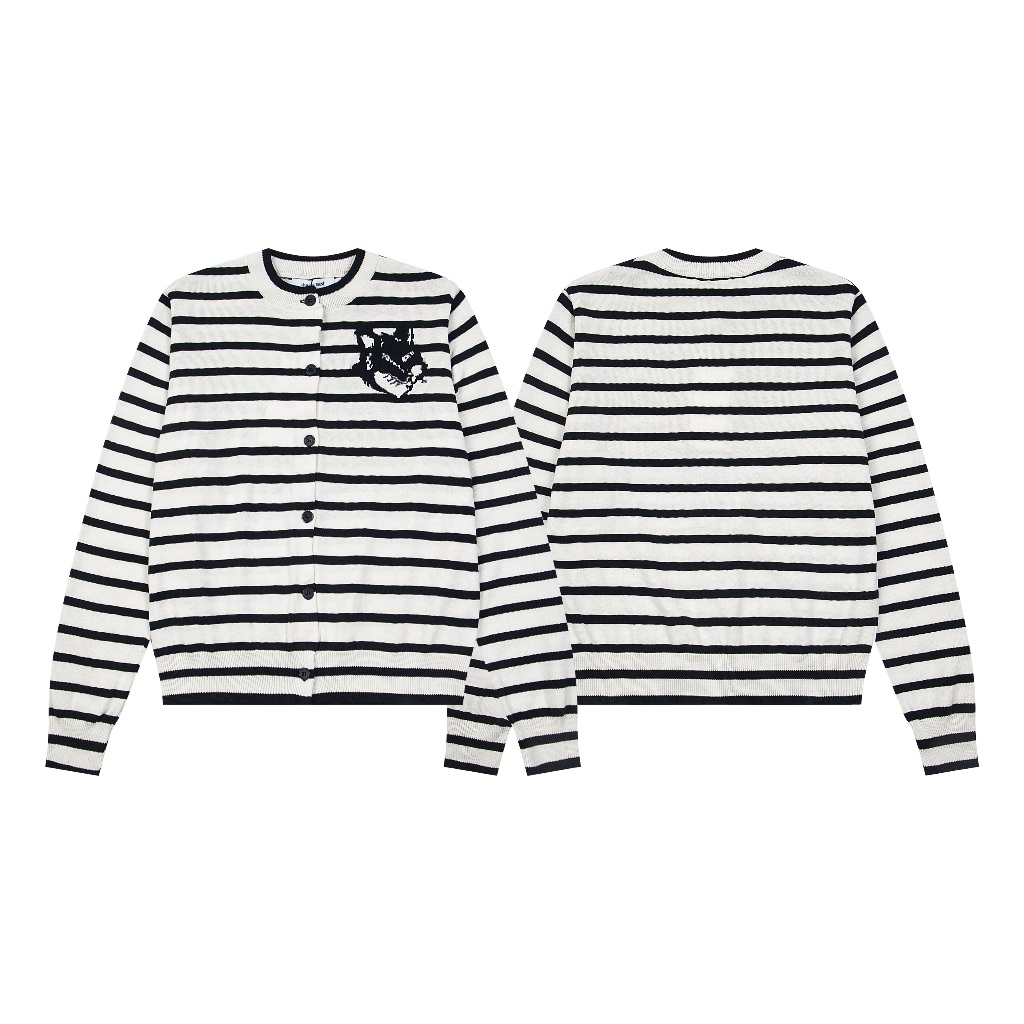 804# Maison Kitsune Wanita Baru Kedatangan Leher Bulat Bergaris Rajutan Cardigan Sweater dengan Pola