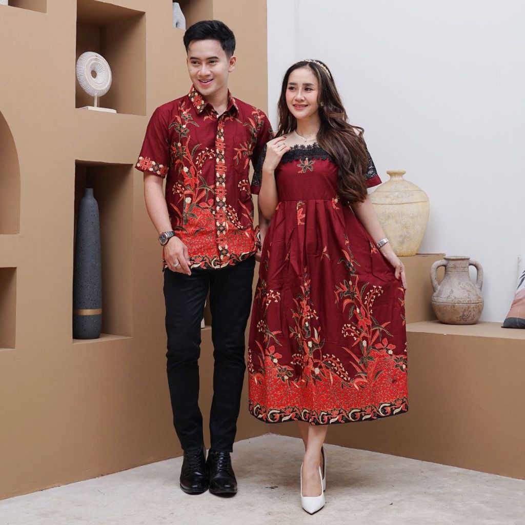 DRESS batik pesta elegan couple kemeja lengan panjang pendek DRESS RENDA TILLE brokat