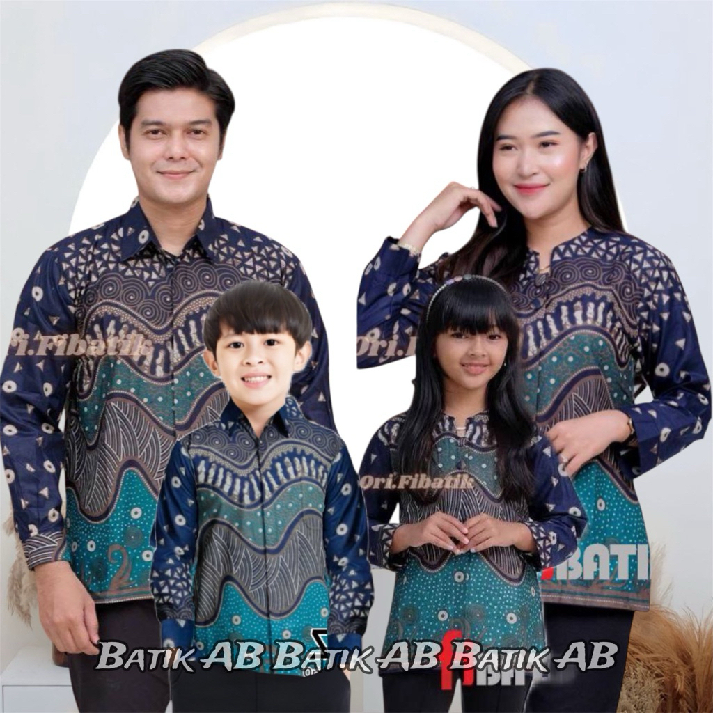 Baju Batik Couple Keluarga Modern Batik Couple Ayah Ibu dan Anak Cowok Cewek Motif Tevano Navy Terb