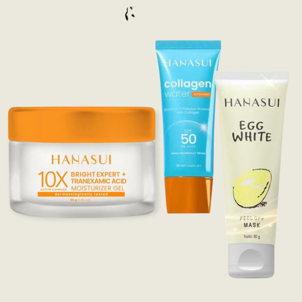 HANASUI PAKET Mask egg Masker Telur dan Moisturizer Pelembab Wajah Gel Sunscreen Sankrin Paket Cream